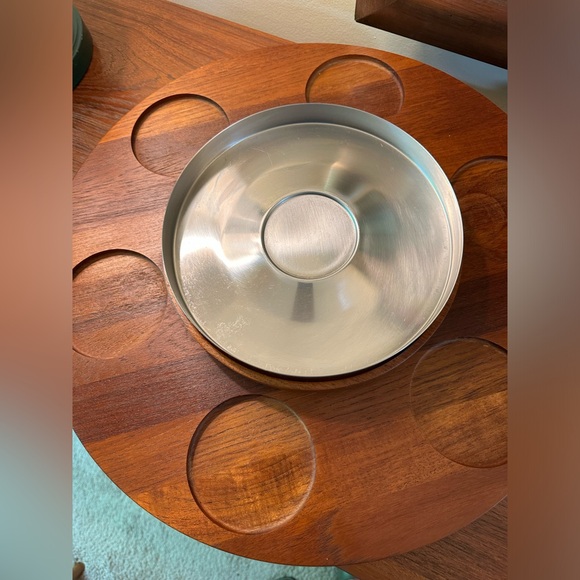 Read STELTON Denmark Fondue Set MCM Mid Century Modern Teak Lazy Susan Stainless - Picture 8 of 16